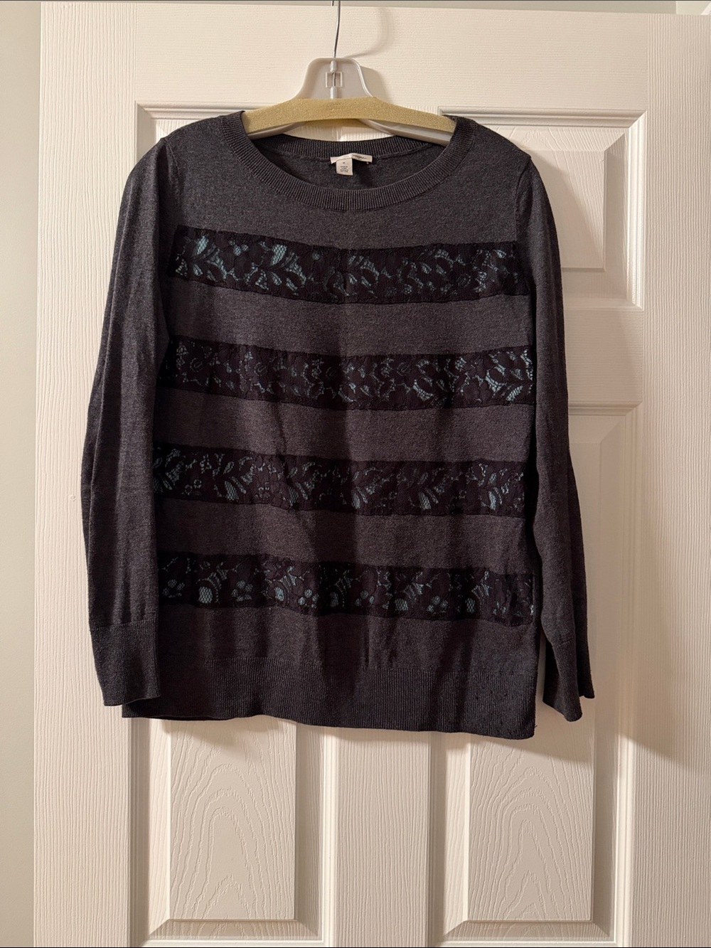 Halogen Charcoal Gray Lace-Panel Crewneck Sweater size M